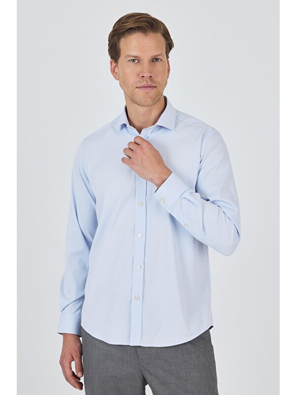 İMZA Koyu Mavi Yarım İtalyan Yaka Cepsiz Gabardin Uzun Kol Slim Fit Esnek Gömlek 1004250235