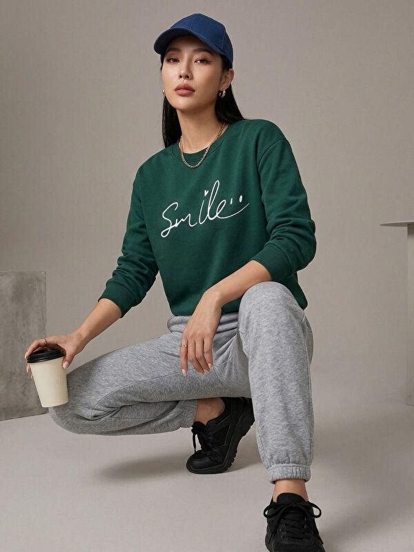 Trendseninle Nefti Gri Smile Baskılı Oversize Alt Üst Eşofman Takımı