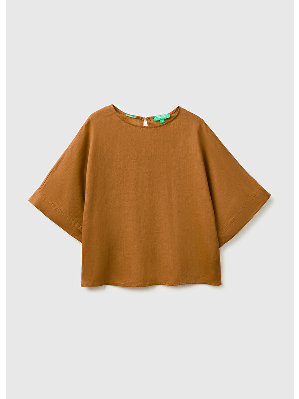 United Colors Of Benetton Kadın Kahverengi %100 Keten Kimono Kol Bluz