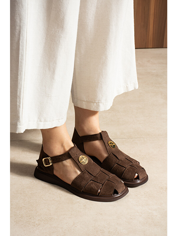 DUXAL SHOES Frank Kadın Süet Kafes Sandalet - Yumuşak Tabanlı Tokalı Sandalet