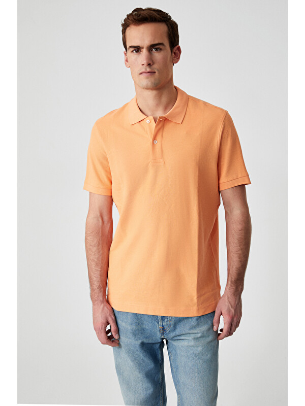 GRIMELANGE ZEKE Erkek Polo Yaka Relaxed Fit Patlı Düğmeli Kısa Kollu TURUNCU T-Shirt