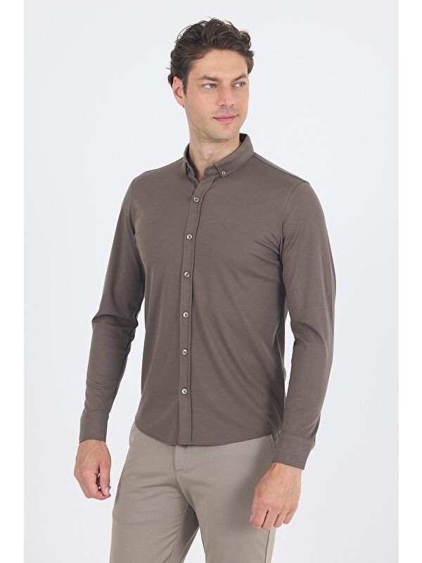 İMZA Koyu Haki İtalyan Düğmeli Yaka Uzunkol Cepsiz Slim Fit Gömlek 1004250254