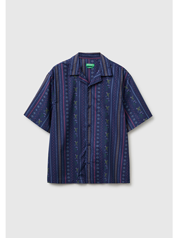 United Colors Of Benetton Erkek Lacivert %100 Pamuk Tamamı Baskı Detaylı Regular Fit Gömlek