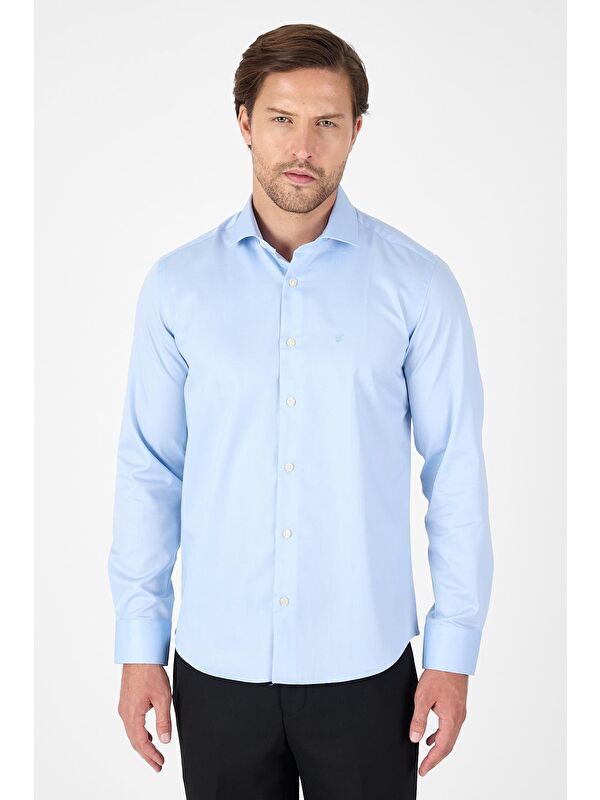 İMZA Koyu Mavi Uzun Kol Yarım İtalyan Yaka Cepsiz Non Iron Slim Fit Pamuklu Gömlek 1004250267