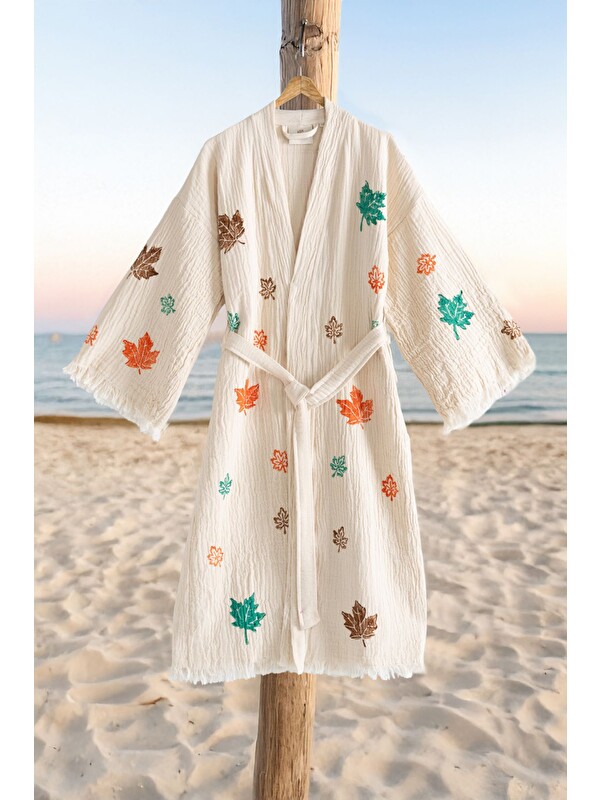 Varol Organik %100 Pamuk Kimono Yaka Sabalık Bornoz Plaj Elbisesi - Sonbahar - S/M KREM/S/M
