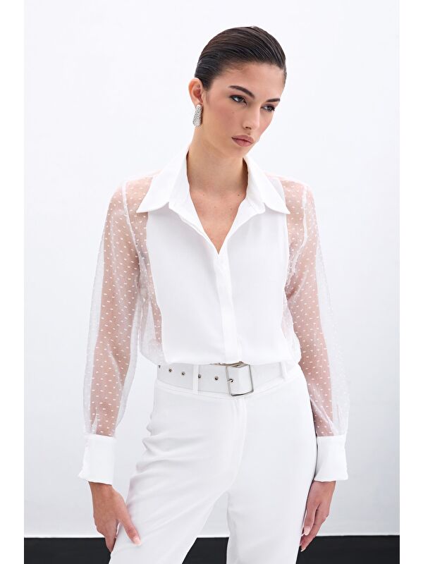 SATEEN Organze Detaylı Gömlek - Ekru