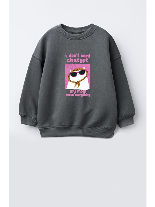 Monila Kız Çocuk 3 İplik Kumaş Kedi Baskılı Pamuklu Sweatshirt