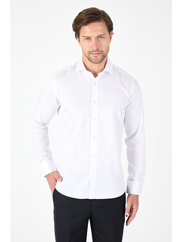 İMZA Beyaz Uzun Kol Yarım İtalyan Yaka Cepsiz Non Iron Slim Fit Pamuklu Gömlek 1004250267