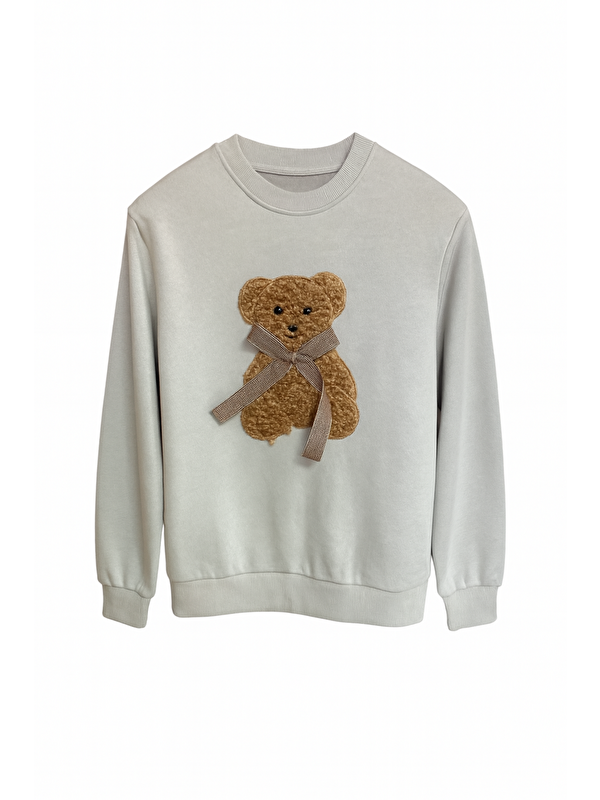 Formo Kadın Pamuklu Kalın Kışlık Fiyonklu Kabartma Ayıcık Desenli Yüksek Kalite Ribana Kol Sweatshirt
