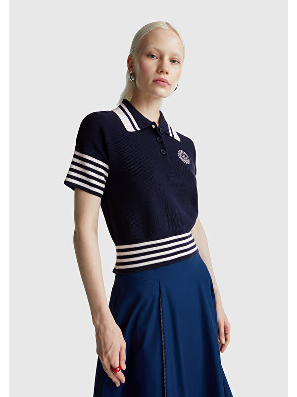United Colors Of Benetton Kadın Lacivert %100 Pamuk Polo Yaka Kısa Kollu Kazak