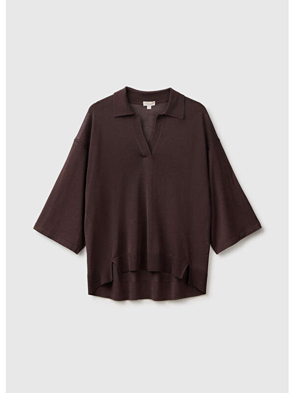 United Colors Of Benetton Kadın Koyu Kahverengi Viskoz Karışımlı Oversize Ribanalı Polo Yaka Kazak