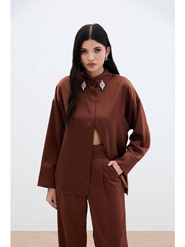 SATEEN Aksesuar Detaylı Gömlek - Kahve