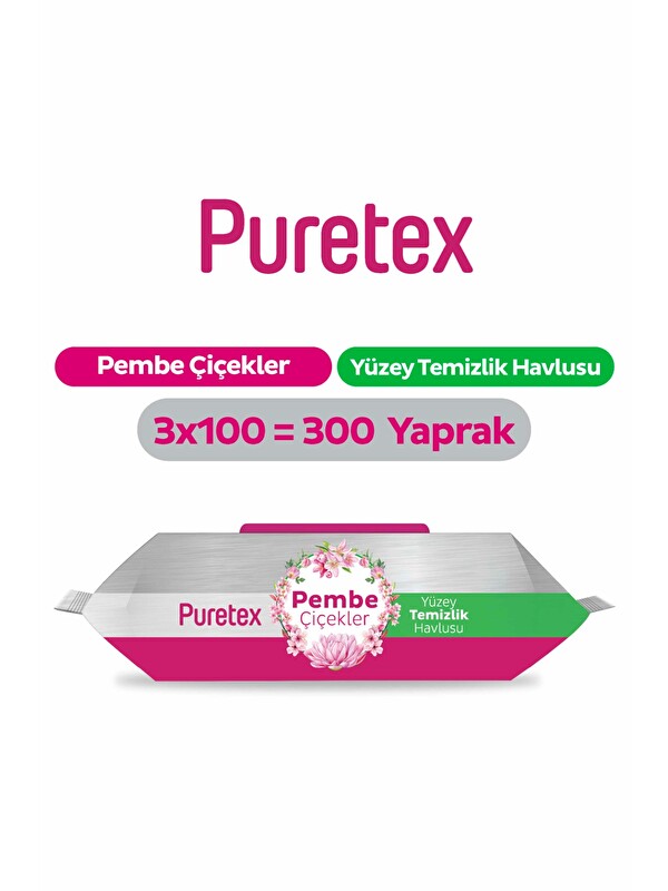 Puretex Yüzey Temizlik Havlusu Pembe Çiçekler 3x100 (300 Yaprak)