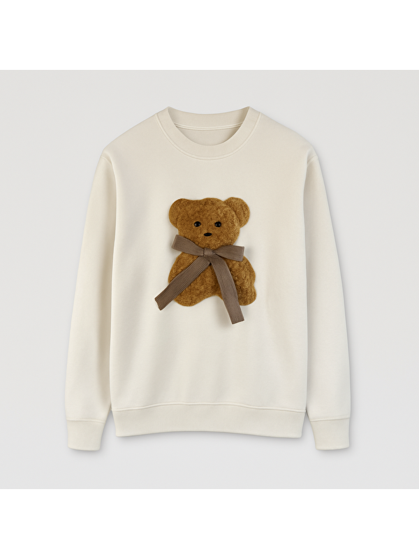 Formo Kadın Pamuklu Kalın Kışlık Fiyonklu Kabartma Ayıcık Desenli Yüksek Kalite Ribana Kol Sweatshirt