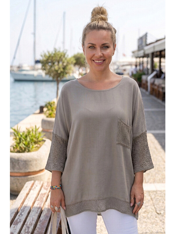 Chiccy Vizon Bisiklet Yaka 3/4 Kol, Kol Ve Etek Ucu File Detaylı Casual Müslin Oversize Dokuma Bluz 60 65