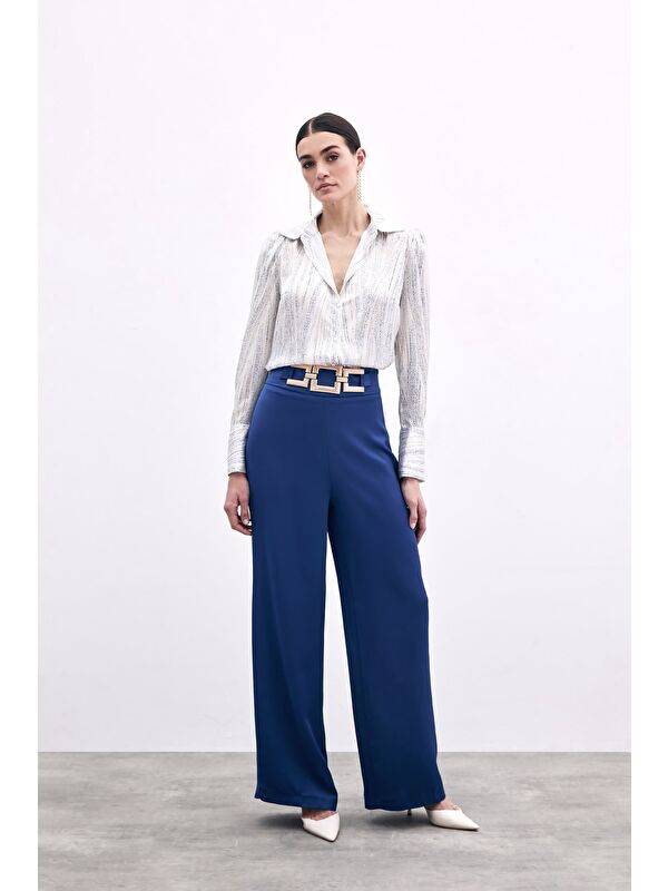 SATEEN Bel Kemerli Saten Krep Pantolon - Lacivert