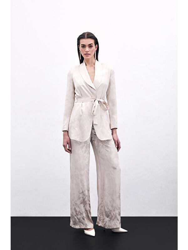 SATEEN Jakarlı Bol Paça Pantolon - Bej