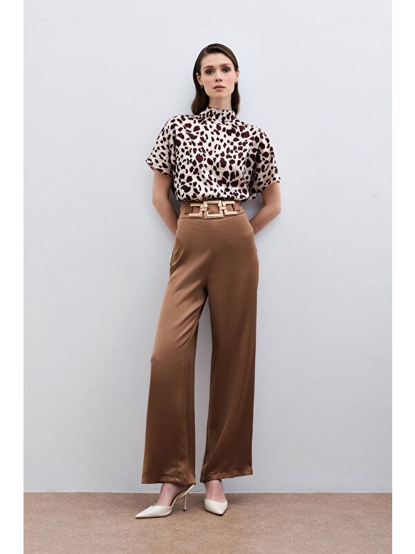 SATEEN Bel Kemerli Saten Krep Pantolon - Camel