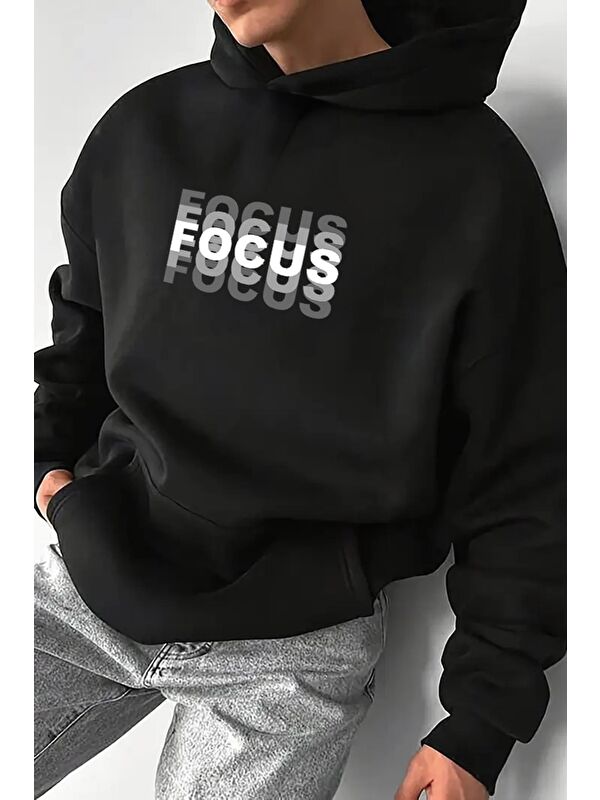 Oksit Focus Ön Baskılı İçi Pamuklu Unisex Erkek Kapüşonlu Sweatshirt