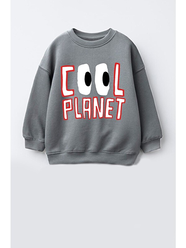 Monila Unisex Çocuk 3 İplik Kumaş Slogan Baskılı Pamuklu Sweatshirt