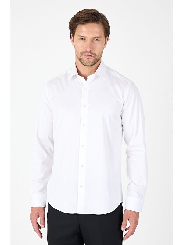 İMZA Beyaz Uzun Kol Sert Yaka Cepsiz Slim Fit %100 Pamuk Büyük Beden Gömlek 1004250266