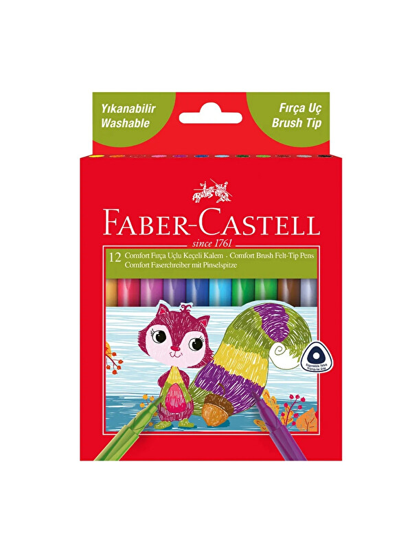 Faber-Castell Comfort Fırça Uçlu Keçeli Kalem 12 Renk,Yıkanabilir, Ergonomik ve Çevre Dostu Tasarım
