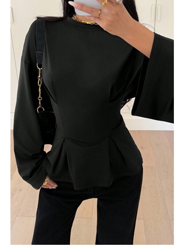 Tarz Cool Kadın Pilet Bel Oturtmalı Peplum Detaylı Uzun Kollu Bluz