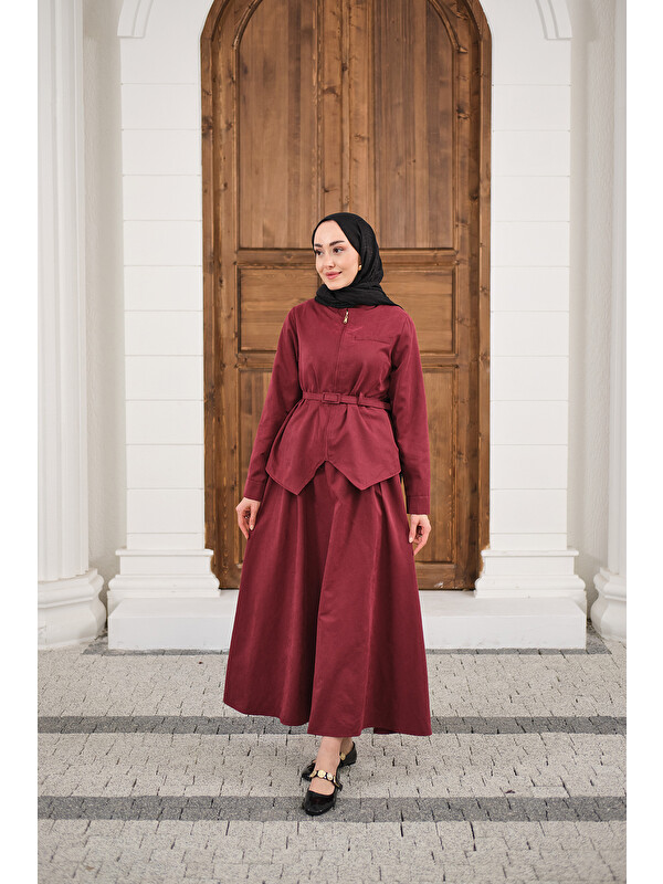 Locco Moda Kadın Cep Detay Fermuarlı Kemer Bağlamalı Etekli Takım Bordo