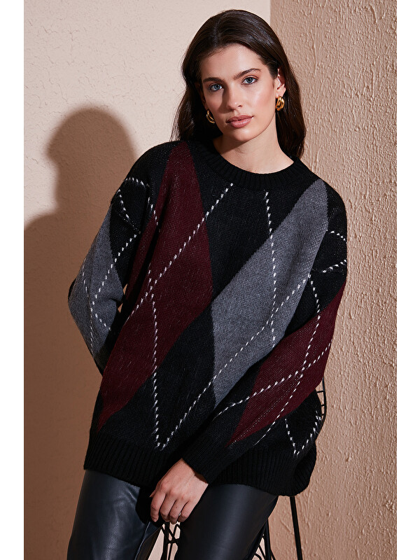 Lela Oversize Fit Bisiklet Yaka Baklava Desenli Kazak 4615578
