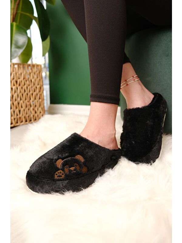 Panda Nakışlı Kadın Ev Terliği Pelüş Terlik Çeyiz ve Bohça Terliği Ses Yapmaz Kalın Taban - Görsel 2