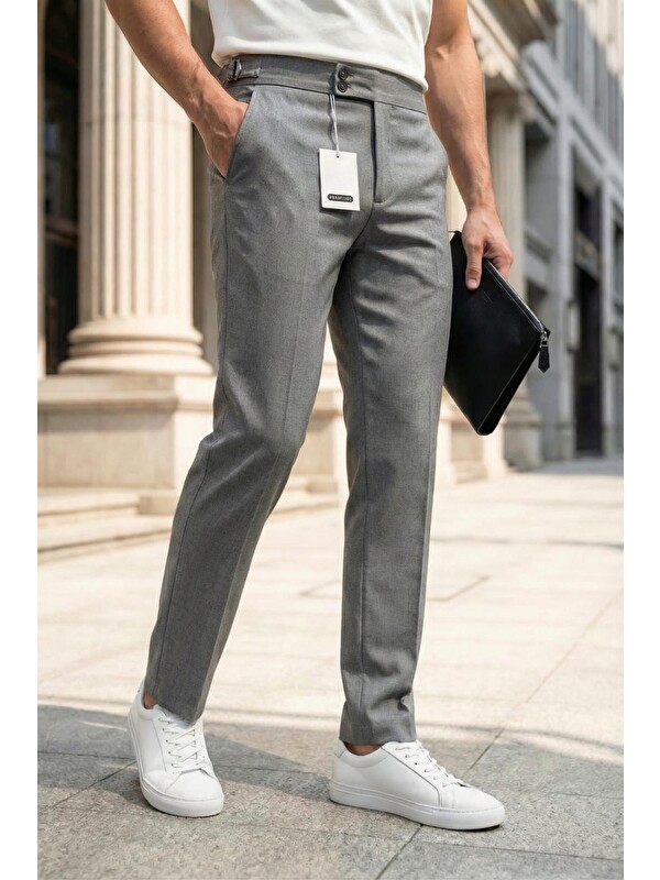 Oksit Gurkha Stil Yan Ayarlı Metal Tokalı Slim Fit Erkek Kumaş Pantolon Özel Kesim Kruvaze Bel