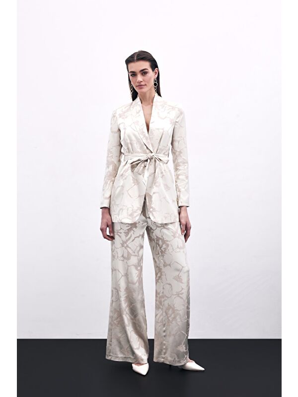 SATEEN Renkli Jakarlı Pantolon - Bej
