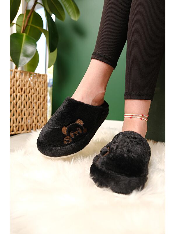 Panda Nakışlı Kadın Ev Terliği Pelüş Terlik Çeyiz ve Bohça Terliği Ses Yapmaz Kalın Taban - Görsel 5