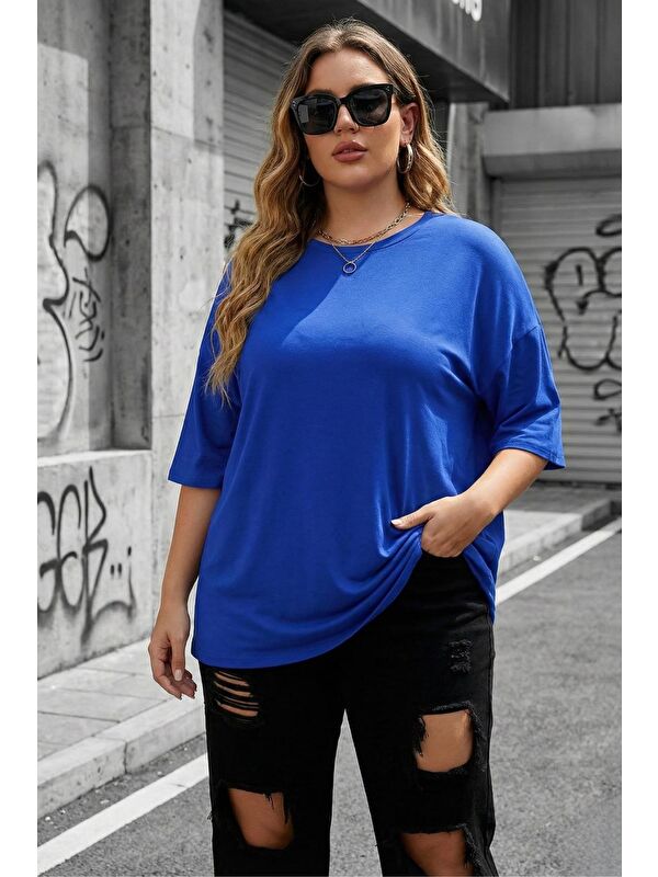 Oksit Mily Kadın Büyük Beden Battal Basic Bisiklet Yaka Pamuklu T-Shirt Rahat Kesim Unisex Sevgili Kombini