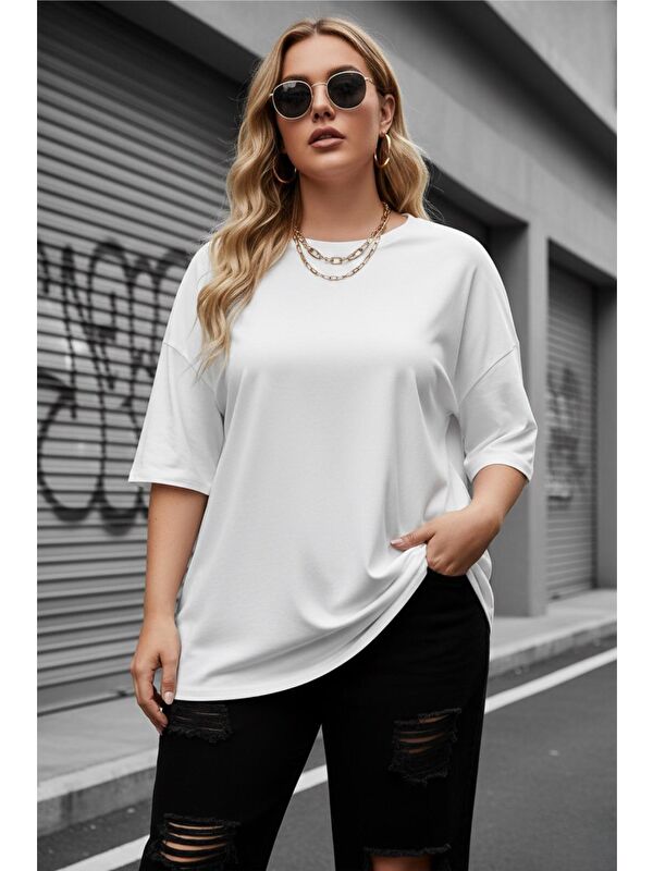 Oksit Mily Kadın Büyük Beden Battal Basic Bisiklet Yaka Pamuklu T-Shirt Rahat Kesim Unisex Sevgili Kombini