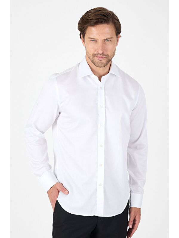 İMZA Beyaz Uzun Kol İtalyan Yaka Cepsiz Non Iron Slim Fit %100 Pamuk Gömlek 1004250269