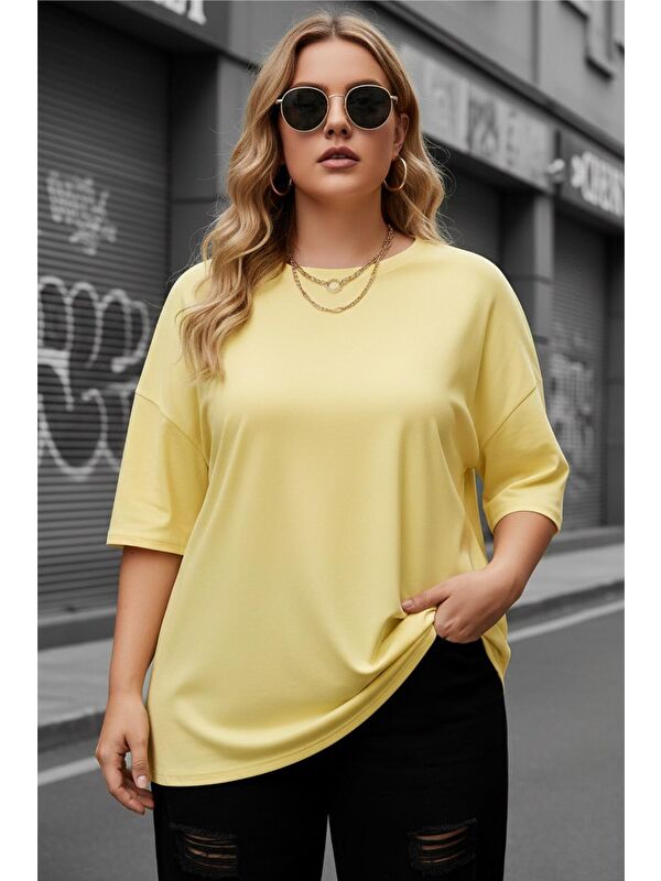 Oksit Mily Kadın Büyük Beden Battal Basic Bisiklet Yaka Pamuklu T-Shirt Rahat Kesim Unisex Sevgili Kombini