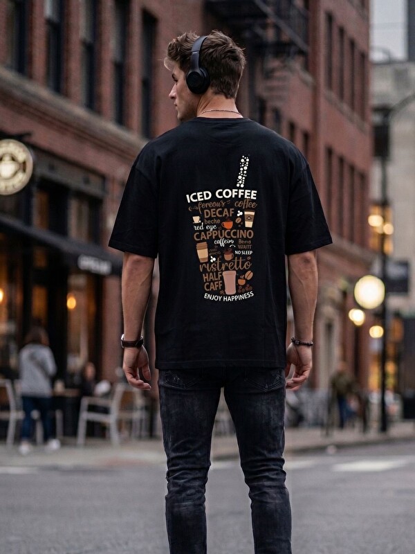 Trendseninle Erkek Siyah İced Coffee Baskı Organik Pamuk Comfort Tişört