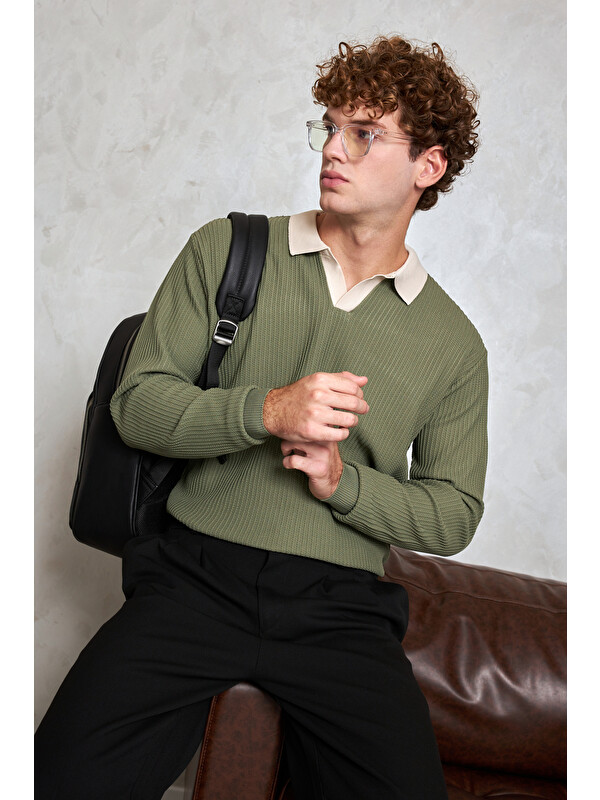 HYMAN Erkek Polo Yaka Nopeli Oversize Triko Kazak
