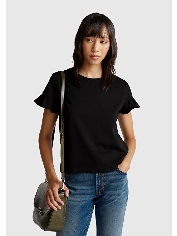 United Colors Of Benetton Kadın Siyah Pamuk Karışımlı Kolları Fırfır Detaylı T-Shirt