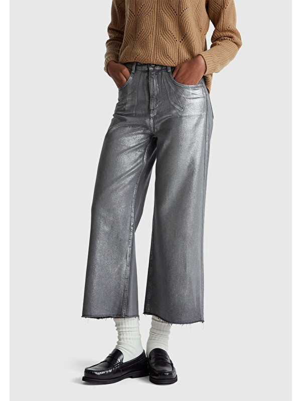 United Colors Of Benetton Kadın Koyu Gri %100 Pamuk Wide Leg Orta-Yüksek Bel Denim Pantolon