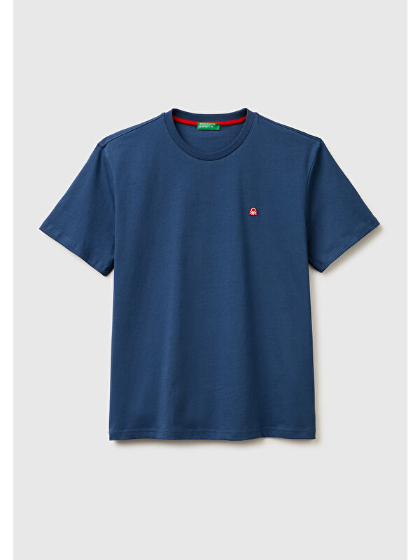 United Colors Of Benetton Erkek Mavi %100 Pamuk Benetton Logolu Bisiklet Yaka T-Shirt