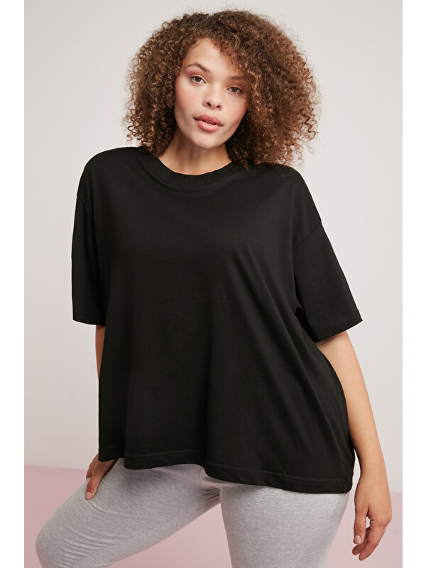ETHIQUET ALLISON Kadın 100% Pamuk Oversize Fit Yuvarlak Yaka Yarım Kollu Basıc SİYAH Büyük Beden T-shirt