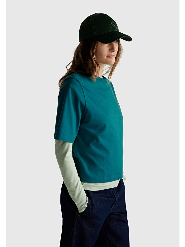 United Colors Of Benetton Kadın Koyu Yeşil %100 Pamuk Boxy Fit T-Shirt