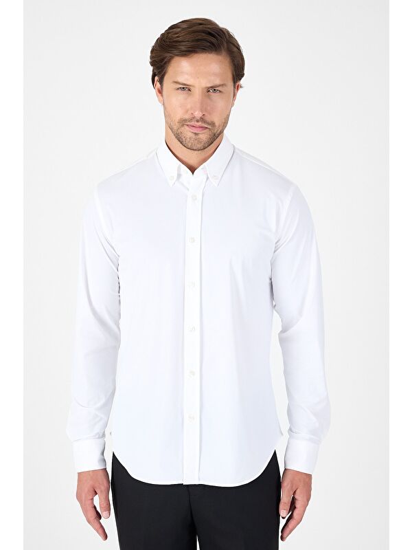 İMZA Beyaz Uzun Kol Düğmeli Yaka Cepsiz Performans Ürün Slim Fit Gömlek 1004250270