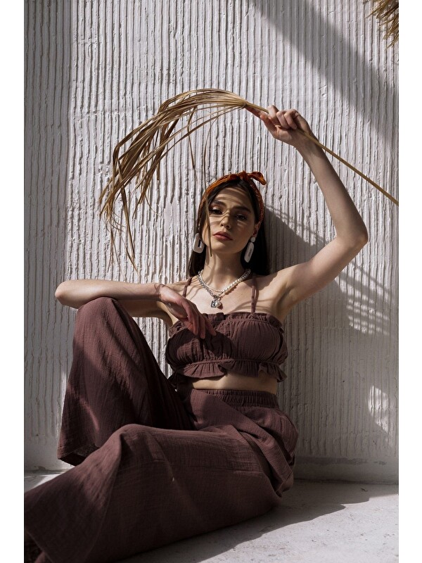 Mai Collection Harvey Kahve Müslin Crop Takım