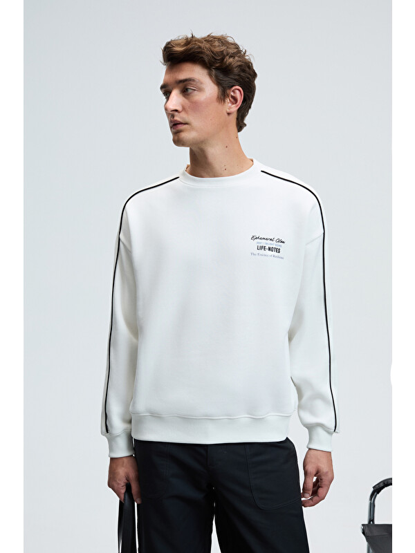 GRIMELANGE LEIF Erkek Kolları Biyeli Önü Baskılı Yuvarlak Yaka Oversize EKRU Sweatshirt