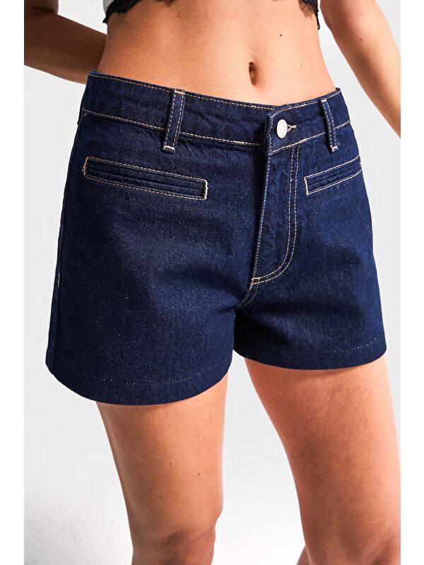 It's Basic Kadın İndigo Renk 7s5-50 Midi Boy Önden Cepli Rahat Kesim %100 Pamuk Denim Şort