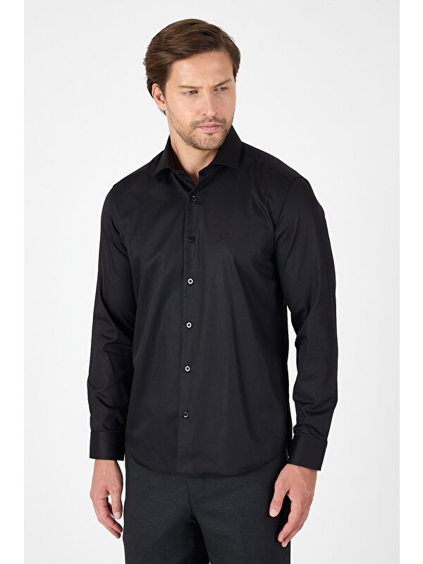 İMZA Siyah Uzun Kol Yarım İtalyan Yaka Cepsiz Non Iron Slim Fit Pamuklu Gömlek 1004250267