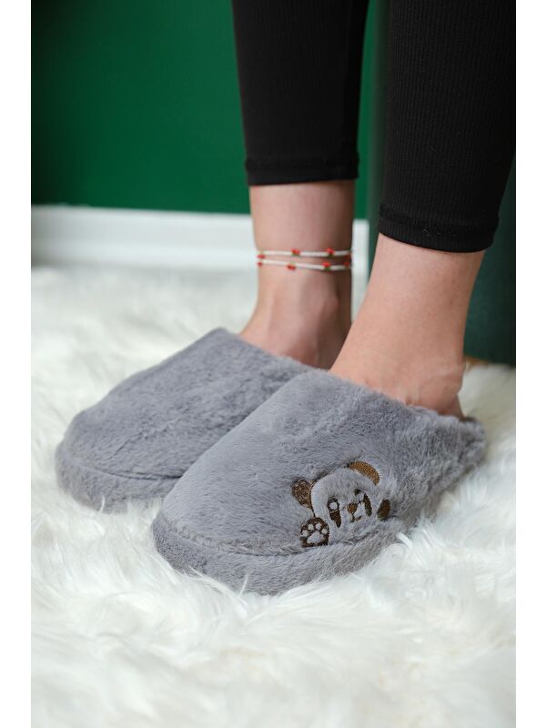 Panda Nakışlı Kadın Ev Terliği Pelüş Terlik Çeyiz ve Bohça Terliği Ses Yapmaz Kalın Taban - Görsel 2